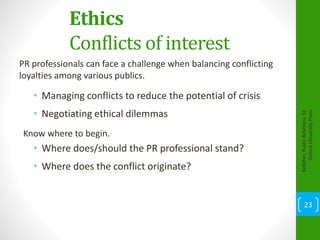 Ethics
Conflicts of interest
PR professionals can face a challenge when balancing conflicting
loyalties among various publics.
• Managing conflicts to reduce the potential of crisis
• Negotiating ethical dilemmas
Know where to begin.
• Where does/should the PR professional stand?
• Where does the conflict originate?
Kelleher,PublicRelations,1e
OxfordUniversityPress
23
 