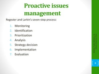 Proactive issues
management
Regester and Larkin’s seven-step process:
1. Monitoring
2. Identification
3. Prioritization
4. Analysis
5. Strategy decision
6. Implementation
7. Evaluation
Kelleher,PublicRelations,1e
OxfordUniversityPress
8
 