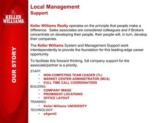 Local Management   Support Keller Williams Realty  operates on the principle that people make a difference.  Sales associates are considered colleagues and if Brokers concentrate on developing their people, their people will, in turn, develop their companies. The  Keller Williams  System and Management Support work interdependently to provide the foundation for this leading-edge career opportunity. To facilitate this forward thinking, full company support for the associate/partner is a priority.  STAFF: NON-COMPETING TEAM LEADER (TL) MARKET CENTER ADMINISTRATOR (MCA) FULL TIME CALL COORDINATORS BUILDING: COMPANY IMAGE PROMINENT LOCATIONS OFFICE LAYOUT TRAINING: Keller Williams   UNIVERSITY TECHNOLOGY: eAgentC OUR STORY 