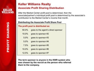 Keller Williams Realty Associate Profit Sharing Distribution Distributing the Associate Profit Share Pool   The profit pool is distributed as: 50.0%  goes to the agent’s direct sponsor 10.0%  goes to sponsor #2 5.0%  goes to sponsor #3 5.0%  goes to sponsor #4 7.5%  goes to sponsor #5 10.0%  goes to sponsor #6 12.5%  goes to sponsor #7 The term sponsor is anyone in the KWR system who was chosen by the recruit as the person who referred them to the company. PROFIT SHARING After the Market Center profit pool is determined, then the associate/partner’s individual profit pool is determined by the associate’s contribution to the Market Center’s income that month.  
