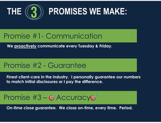 Promise #1- Communication
We proactively communicate every Tuesday & Friday.
PROMISES WE MAKE:THE
Promise #2 - Guarantee
F...