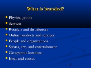What is branded?
   Physical goods
   Services
   Retailers and distributors
   Online products and services
   People and organizations
   Sports, arts, and entertainment
   Geographic locations
   Ideas and causes
                                      1.15
 