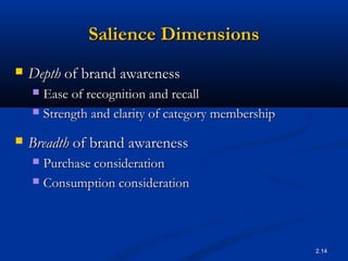 2.14
Salience DimensionsSalience Dimensions
 DepthDepth of brand awarenessof brand awareness
 Ease of recognition and recallEase of recognition and recall
 Strength and clarity of category membershipStrength and clarity of category membership
 BreadthBreadth of brand awarenessof brand awareness
 Purchase considerationPurchase consideration
 Consumption considerationConsumption consideration
 