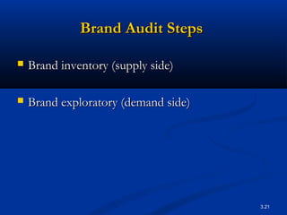 Brand Audit Steps

   Brand inventory (supply side)

   Brand exploratory (demand side)




                                      3.21
 