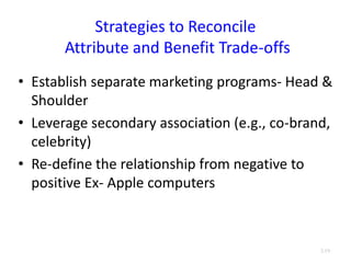 Strategies to Reconcile
Attribute and Benefit Trade-offs
• Establish separate marketing programs- Head &
Shoulder
• Leverage secondary association (e.g., co-brand,
celebrity)
• Re-define the relationship from negative to
positive Ex- Apple computers
3.19
 