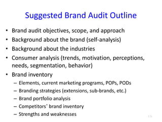 Suggested Brand Audit Outline
• Brand audit objectives, scope, and approach
• Background about the brand (self-analysis)
• Background about the industries
• Consumer analysis (trends, motivation, perceptions,
needs, segmentation, behavior)
• Brand inventory
– Elements, current marketing programs, POPs, PODs
– Branding strategies (extensions, sub-brands, etc.)
– Brand portfolio analysis
– Competitors’ brand inventory
– Strengths and weaknesses 3.31
 