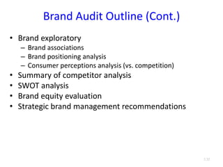 Brand Audit Outline (Cont.)
• Brand exploratory
– Brand associations
– Brand positioning analysis
– Consumer perceptions analysis (vs. competition)
• Summary of competitor analysis
• SWOT analysis
• Brand equity evaluation
• Strategic brand management recommendations
3.32
 