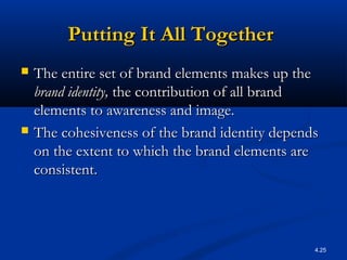 4.25
Putting It All TogetherPutting It All Together
 The entire set of brand elements makes up theThe entire set of brand...