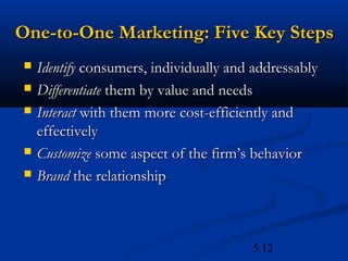 One-to-One Marketing: Five Key Steps
   Identify consumers, individually and addressably
   Differentiate them by value and needs
   Interact with them more cost-efficiently and
    effectively
   Customize some aspect of the firm’s behavior
   Brand the relationship



                                        5.12
 