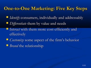 5.12
One-to-One Marketing: Five Key StepsOne-to-One Marketing: Five Key Steps
 IdentifyIdentify consumers, individually and addressablyconsumers, individually and addressably
 DifferentiateDifferentiate them by value and needsthem by value and needs
 InteractInteract with them more cost-efficiently andwith them more cost-efficiently and
effectivelyeffectively
 CustomizeCustomize some aspect of the firm’s behaviorsome aspect of the firm’s behavior
 BrandBrand the relationshipthe relationship
 