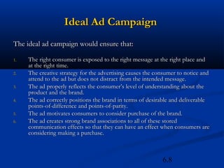 Ideal Ad Campaign
The ideal ad campaign would ensure that:

1.   The right consumer is exposed to the right message at the right place and
     at the right time.
2.   The creative strategy for the advertising causes the consumer to notice and
     attend to the ad but does not distract from the intended message.
3.   The ad properly reflects the consumer’s level of understanding about the
     product and the brand.
4.   The ad correctly positions the brand in terms of desirable and deliverable
     points-of-difference and points-of-parity.
5.   The ad motivates consumers to consider purchase of the brand.
6.   The ad creates strong brand associations to all of these stored
     communication effects so that they can have an effect when consumers are
     considering making a purchase.



                                                            6.8
 