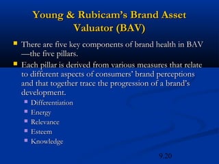Young & Rubicam’s Brand Asset
               Valuator (BAV)
   There are five key components of brand health in BAV
    —the five pillars.
   Each pillar is derived from various measures that relate
    to different aspects of consumers’ brand perceptions
    and that together trace the progression of a brand’s
    development.
       Differentiation
       Energy
       Relevance
       Esteem
       Knowledge

                                              9.20
 