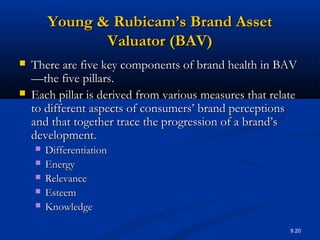 9.20
Young & Rubicam’s Brand AssetYoung & Rubicam’s Brand Asset
Valuator (BAV)Valuator (BAV)
 There are five key components of brand health in BAVThere are five key components of brand health in BAV
—the five pillars.—the five pillars.
 Each pillar is derived from various measures that relateEach pillar is derived from various measures that relate
to different aspects of consumers’ brand perceptionsto different aspects of consumers’ brand perceptions
and that together trace the progression of a brand’sand that together trace the progression of a brand’s
development.development.
 DifferentiationDifferentiation
 EnergyEnergy
 RelevanceRelevance
 EsteemEsteem
 KnowledgeKnowledge
 