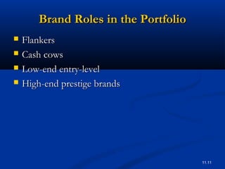 11.11
Brand Roles in the PortfolioBrand Roles in the Portfolio
 FlankersFlankers
 Cash cowsCash cows
 Low-end entry-levelLow-end entry-level
 High-end prestige brandsHigh-end prestige brands
 