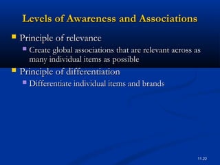 11.22
Levels of Awareness and AssociationsLevels of Awareness and Associations
 Principle of relevancePrinciple of relevance
 Create global associations that are relevant across asCreate global associations that are relevant across as
many individual items as possiblemany individual items as possible
 Principle of differentiationPrinciple of differentiation
 Differentiate individual items and brandsDifferentiate individual items and brands
 