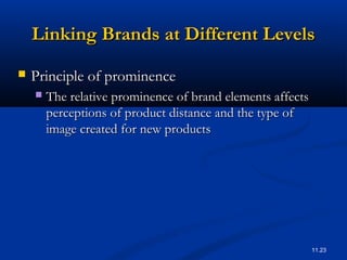 11.23
Linking Brands at Different LevelsLinking Brands at Different Levels
 Principle of prominencePrinciple of prominence
 The relative prominence of brand elements affectsThe relative prominence of brand elements affects
perceptions of product distance and the type ofperceptions of product distance and the type of
image created for new productsimage created for new products
 