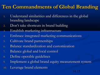 14.15
Ten Commandments of Global BrandingTen Commandments of Global Branding
1.1. Understand similarities and differences in the globalUnderstand similarities and differences in the global
branding landscapebranding landscape
2.2. Don’t take shortcuts in brand buildingDon’t take shortcuts in brand building
3.3. Establish marketing infrastructureEstablish marketing infrastructure
4.4. Embrace integrated marketing communicationsEmbrace integrated marketing communications
5.5. Cultivate brand partnershipsCultivate brand partnerships
6.6. Balance standardization and customizationBalance standardization and customization
7.7. Balance global and local controlBalance global and local control
8.8. Define operable guidelinesDefine operable guidelines
9.9. Implement a global brand equity measurement systemImplement a global brand equity measurement system
10.10. Leverage brand elementsLeverage brand elements
 