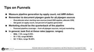 Tips on Funnels
● Measure pipeline generation by oppty count, not ARR dollars
● Remember to document pipegen goals for all...