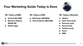 Your Marketing Guide Today is Dave
10+ Years a CMO
● Versant ($1-15M)
● Business Objects
($30M-1B)
● Alation (gig)
10+ Yea...