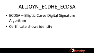 ALLJOYN_ECDHE_ECDSA
• ECDSA – Elliptic Curve Digital Signature
Algorithm
• Certificate shows identity
 