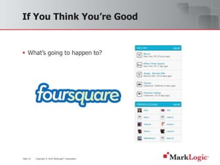 Slide 10 Copyright © 2010 MarkLogic® Corporation.
If You Think You’re Good
 What’s going to happen to?
 