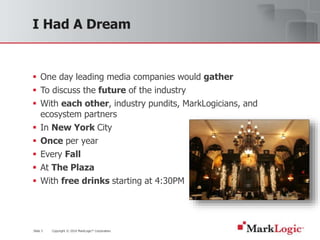 Slide 3 Copyright © 2010 MarkLogic® Corporation.
I Had A Dream
 One day leading media companies would gather
 To discuss the future of the industry
 With each other, industry pundits, MarkLogicians, and
ecosystem partners
 In New York City
 Once per year
 Every Fall
 At The Plaza
 With free drinks starting at 4:30PM
 