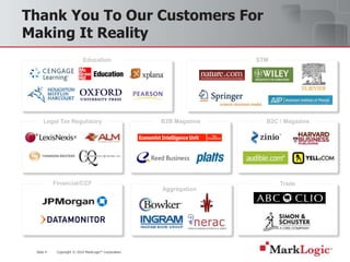 Slide 4 Copyright © 2010 MarkLogic® Corporation.
B2C / Magazine
Aggregation
Thank You To Our Customers For
Making It Reality
B2B Magazine
Financial/CCF
Legal Tax Regulatory
Trade
Education STM
 