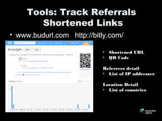 Tools: Track Referrals
Shortened Links
• www.budurl.com http://bitly.com/
• Shortened URL
• QR Code
Referrers detail
• List of IP addresses
Location Detail
• List of countries
 
