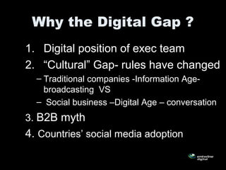 Why the Digital Gap ?
1. Digital position of exec team
2. “Cultural” Gap- rules have changed
– Traditional companies -Information Age-
broadcasting VS
– Social business –Digital Age – conversation
3. B2B myth
4. Countries’ social media adoption
 