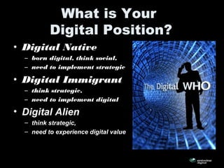 What is Your
Digital Position?
• Digital Native
– born digital, think social,
– need to implement strategic
• Digital Immigrant
– think strategic,
– need to implement digital
• Digital Alien
– think strategic,
– need to experience digital value
 