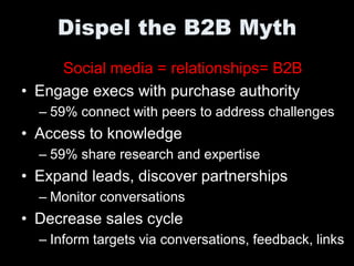 Dispel the B2B Myth
     Social media = relationships= B2B
• Engage execs with purchase authority
  – 59% connect with peers to address challenges
• Access to knowledge
  – 59% share research and expertise
• Expand leads, discover partnerships
  – Monitor conversations
• Decrease sales cycle
  – Inform targets via conversations, feedback, links
 