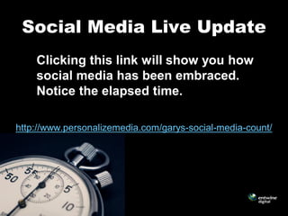 Social Media Live Update
    Clicking this link will show you how
    social media has been embraced.
    Notice the elapsed time.

http://www.personalizemedia.com/garys-social-media-count/
 