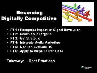 Becoming
Digitally Competitive

  •   PT 1 : Recognize Impact of Digital Revolution
  •   PT 2: Reach Your Target s
  •   PT 3: Get Strategic
  •   PT 4: Integrate Media Marketing
  •   PT 5: Monitor, Evaluate ROI
  •   PT 6: Apply to Ralph Lauren Case


  Takeways – Best Practices
 