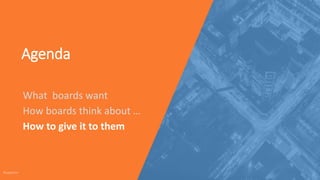 What boards want
How boards think about …
How to give it to them
Agenda
 