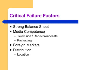 Critical Failure Factors Strong Balance Sheet Media Competence Television / Radio broadcasts Packaging Foreign Markets Distribution Location 