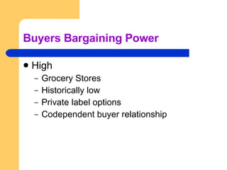 Buyers Bargaining Power High Grocery Stores Historically low Private label options Codependent buyer relationship 