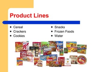 Product Lines Cereal Crackers Cookies Snacks Frozen Foods Water 
