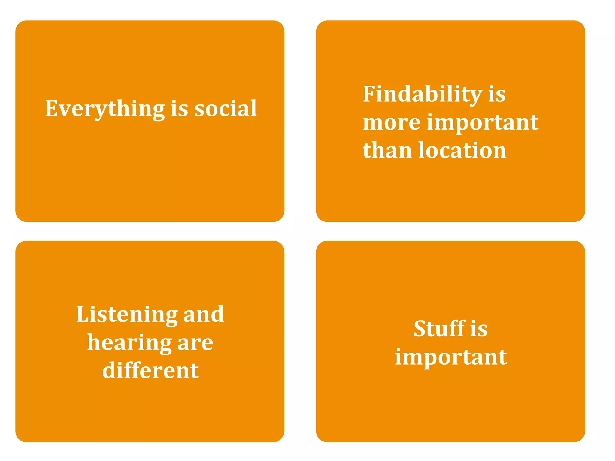There is no ‘right way’ to blog
                              Findability is 
Everything is social
                              more important 
                              than location




  Listening and 
                                   Stuff is 
   hearing are 
                                 important
    different
 
