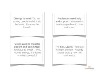 Change is hard: You are          Audiences need help
asking people to shift their   and support: You need to
  behavior. It cannot be       teach people how to have
         forced.                      an impact.




 Organizations must be
patient and committed:         Try. Fail. Learn: There are
You have to invest -- time,     no right answers. Nobody
money, energy, and focus         knows exactly how this
   -- to be successful.                stuff works.
 
