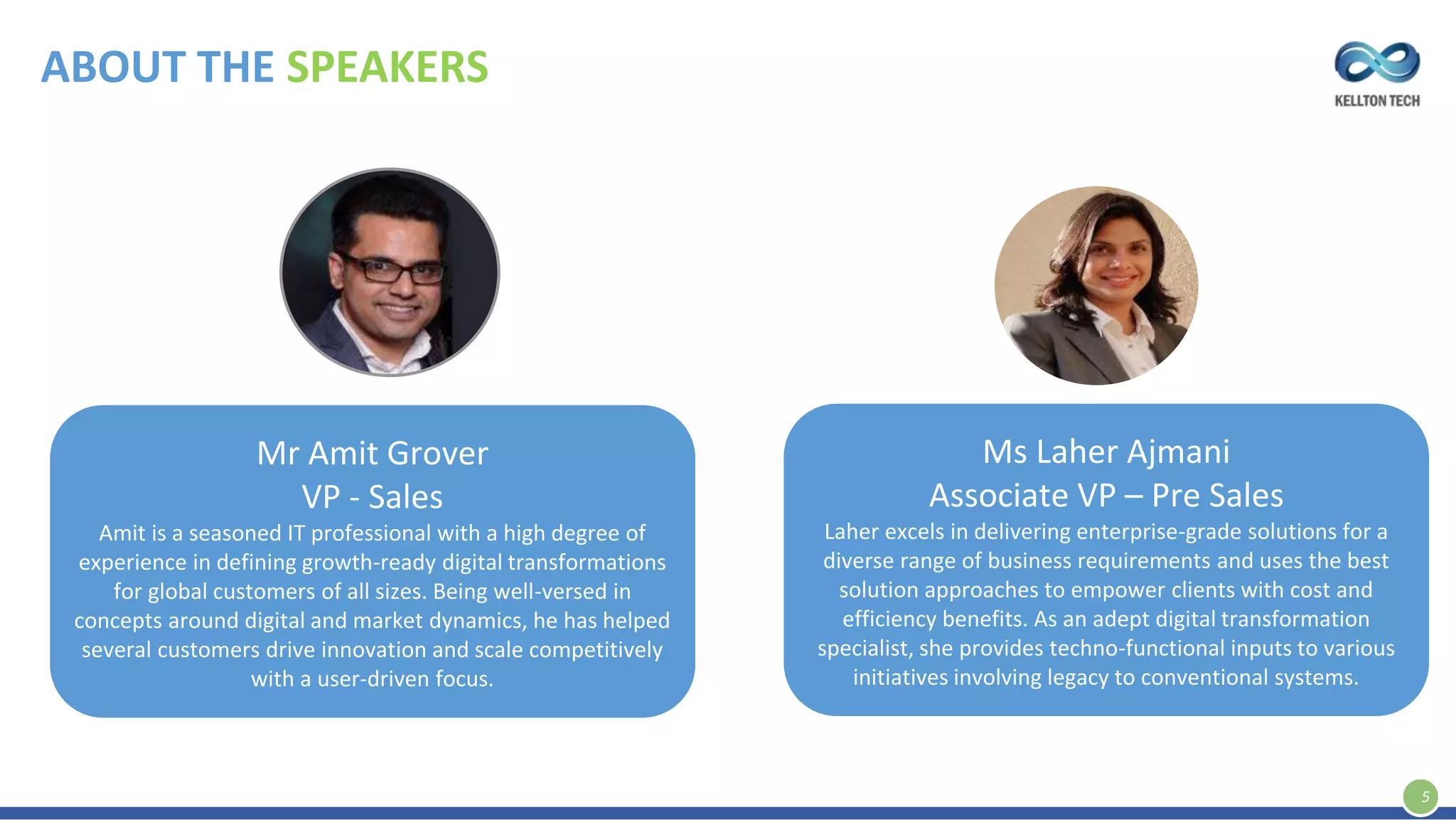 ABOUT THE SPEAKERS
5
Mr Amit Grover
VP - Sales
Amit is a seasoned IT professional with a high degree of
experience in defining growth-ready digital transformations
for global customers of all sizes. Being well-versed in
concepts around digital and market dynamics, he has helped
several customers drive innovation and scale competitively
with a user-driven focus.
Ms Laher Ajmani
Associate VP – Pre Sales
Laher excels in delivering enterprise-grade solutions for a
diverse range of business requirements and uses the best
solution approaches to empower clients with cost and
efficiency benefits. As an adept digital transformation
specialist, she provides techno-functional inputs to various
initiatives involving legacy to conventional systems.
 