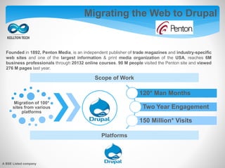 Migrating the Web to Drupal
120* Man Months
Two Year Engagement
150 Million* Visits
Scope of Work
Founded in 1892, Penton Media, is an independent publisher of trade magazines and industry-specific
web sites and one of the largest information & print media organization of the USA, reaches 6M
business professionals through 20132 online courses. 90 M people visited the Penton site and viewed
276 M pages last year.
Platforms
Migration of 100*
sites from various
platforms
A BSE Listed company
 