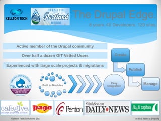 The Drupal Edge.
                                                      8 years. 40 Developers. 120 sites.



      Active member of the Drupal community

           Over half a dozen GIT Vetted Users                       Create

Experienced with large scale projects & migrations
                                                                             Publish


                                                                  Easy                 Manage
                                Built in Modules               Integration




  Kellton Tech Solutions Ltd.                                                   A BSE listed Company
 