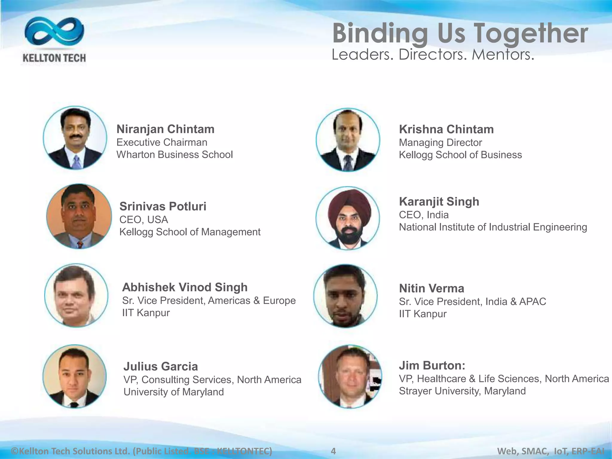 ©Kellton Tech Solutions Ltd. (Public Listed. BSE : KELLTONTEC) Web, SMAC, IoT, ERP-EAI4
Binding Us Together
Leaders. Directors. Mentors.
Niranjan Chintam
Executive Chairman
Wharton Business School
Karanjit Singh
CEO, India
National Institute of Industrial Engineering
Abhishek Vinod Singh
Sr. Vice President, Americas & Europe
IIT Kanpur
Julius Garcia
VP, Consulting Services, North America
University of Maryland
Krishna Chintam
Managing Director
Kellogg School of Business
Srinivas Potluri
CEO, USA
Kellogg School of Management
Nitin Verma
Sr. Vice President, India & APAC
IIT Kanpur
Jim Burton:
VP, Healthcare & Life Sciences, North America
Strayer University, Maryland
 
