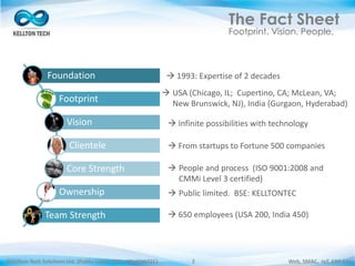 ©Kellton Tech Solutions Ltd. (Public Listed. BSE : KELLTONTEC) Web, SMAC, IoT, ERP-EAI2
The Fact Sheet
Footprint. Vision. People.
Foundation
Footprint
Vision
Clientele
Core Strength
Ownership
Team Strength
 1993: Expertise of 2 decades
 USA (Chicago, IL; Cupertino, CA; McLean, VA;
New Brunswick, NJ), India (Gurgaon, Hyderabad)
 Infinite possibilities with technology
 From startups to Fortune 500 companies
 People and process (ISO 9001:2008 and
CMMi Level 3 certified)
 Public limited. BSE: KELLTONTEC
 650 employees (USA 200, India 450)
 