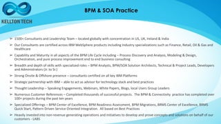 BPM & SOA Practice
➢ 1500+ Consultants and Leadership Team – located globally with concentration in US, UK, Ireland & India
➢ Our Consultants are certified across IBM WebSphere products including Industry specializations such as Finance, Retail, Oil & Gas and
Healthcare
➢ Capability and Maturity in all aspects of the BPM Life Cycle including – Process Discovery and Analysis, Modeling & Design,
Orchestration, and pure process improvement end to end business consulting
➢ Breadth and depth of skills with specialized roles – BPM Analysts, BPM/SOA Solution Architects, Technical & Project Leads, Developers
and Administrators (Jr. to Sr.)
➢ Strong Onsite & Offshore presence – consultants certified on all key IBM Platforms
➢ Strategic partnership with IBM – able to act as advisor for technology stack and best practices
➢ Thought Leadership – Speaking Engagements, Webinars, White Papers, Blogs, local Users Group Leaders
➢ Numerous Customer References – Completed thousands of successful projects. The BPM & Connectivity practice has completed over
100+ projects during the past ten years
➢ Specialized Offerings – BPM Center of Excellence, BPM Readiness Assessment, BPM Migrations, BRMS Center of Excellence, BRMS
Quick Start, Pattern Driven Service Oriented Integration. All based on Best Practices
➢ Heavily invested into non-revenue generating operations and initiatives to develop and prove concepts and solutions on behalf of our
customers - LABS
 
