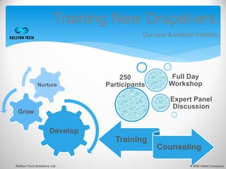 Training New Drupal-ers.
                                           Our new & brilliant initiative.




                                    250               Full Day
              Nurture           Participants         Workshop

                                                      Expert Panel
                                                       Discussion
 Grow


                      Develop
                                  Training
                                                Counseling

Kellton Tech Solutions Ltd.                                   A BSE listed Company
 