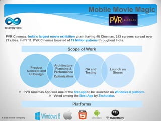 Mobile Movie Magic
PVR Cinemas, India’s largest movie exhibition chain having 46 Cinemas, 213 screens spread over
27 cities. In FY 11, PVR Cinemas boasted of 19 Million patrons throughout India.
Product
Concept and
UI Design
Architecture
Planning &
Performance
Optimization
QA and
Testing
Launch on
Stores
 PVR Cinemas App was one of the first app to be launched on Windows 8 platform.
 Voted among the Best App by Techulator.
Scope of Work
Platforms
A BSE listed company
 