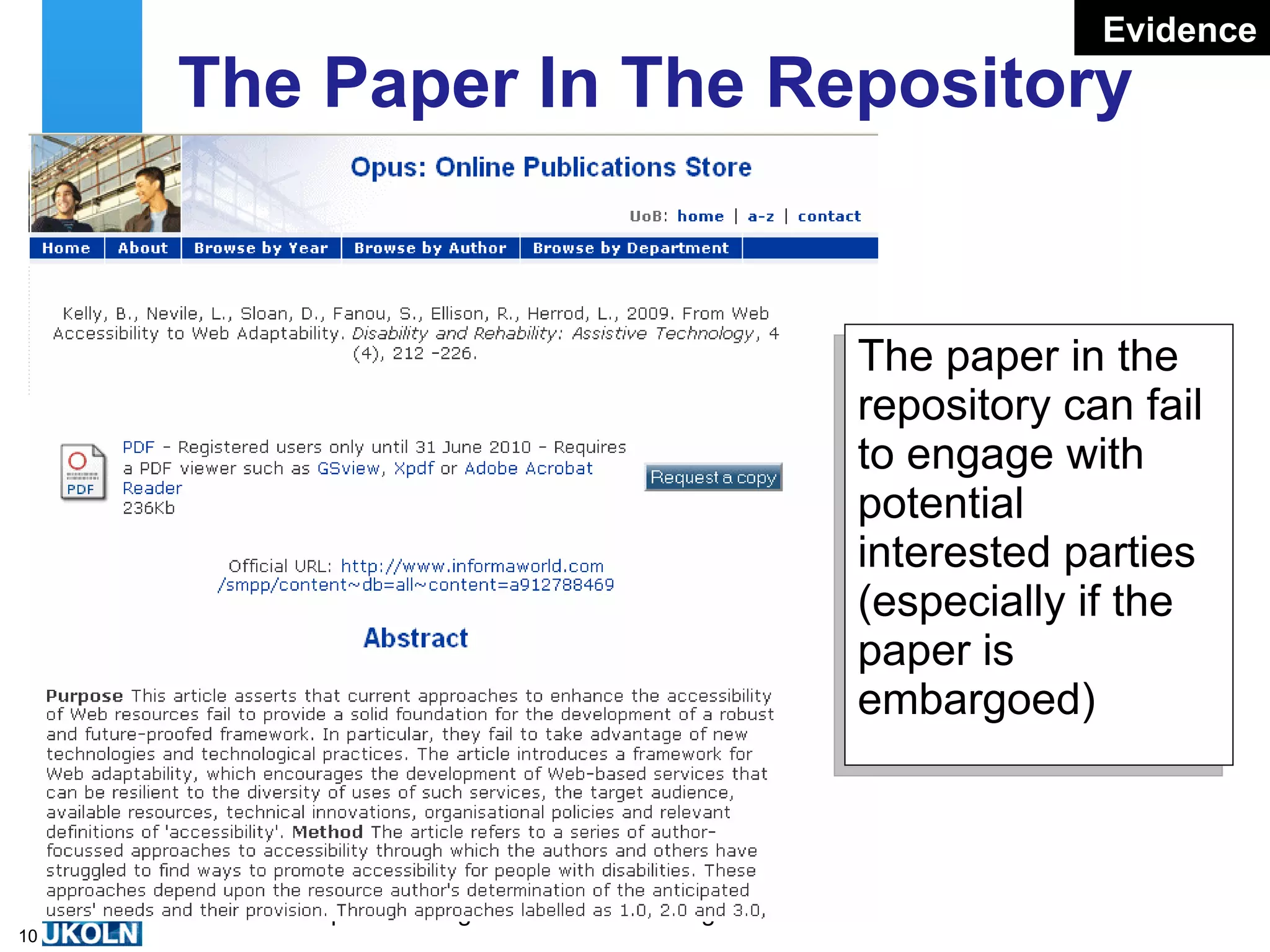 The Paper In The Repository The paper in the repository can fail to engage with potential interested parties (especially if the paper is embargoed) Evidence 