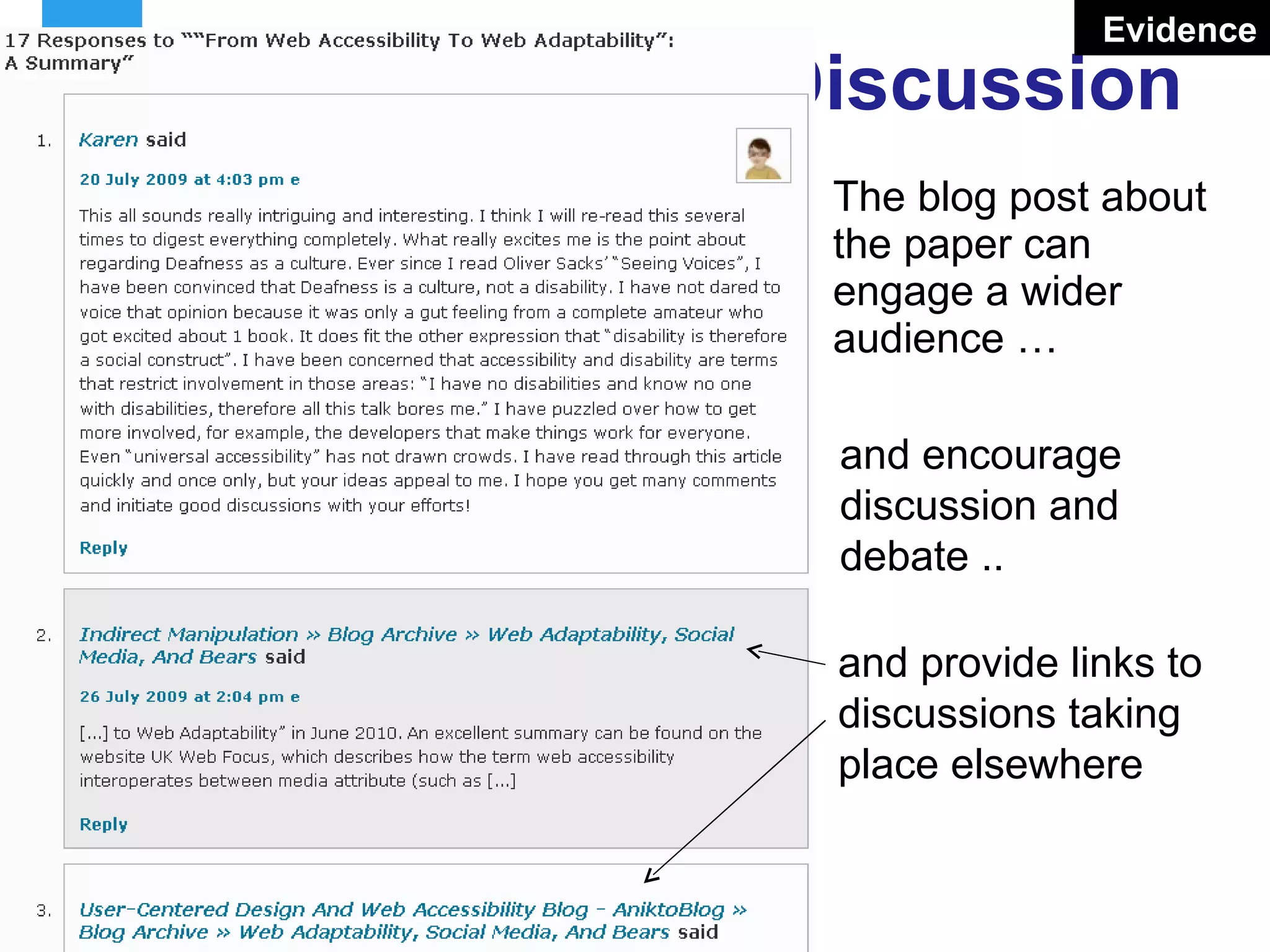 Facilitating The Discussion The blog post about the paper can engage a wider audience … and encourage discussion and debate .. Evidence and provide links to discussions taking place elsewhere 