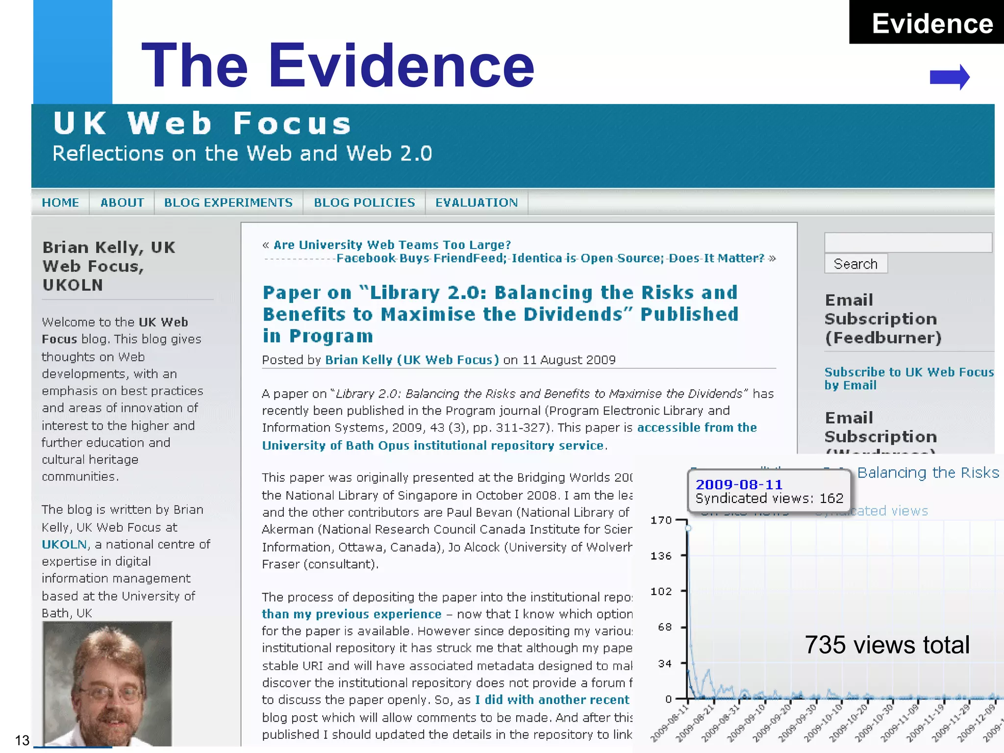 The Evidence Second most downloaded resource in Opus had been linked to from UK Web Focus blog Evidence 735 views total 